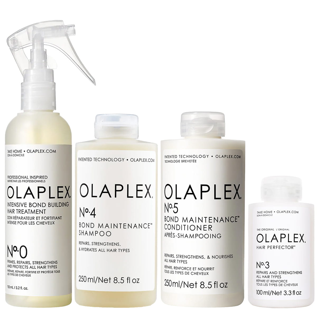 Olaplex zestaw odbudowujący | kuracja No.0, kuracja No.3, szampon No.4, odżywka No.5
