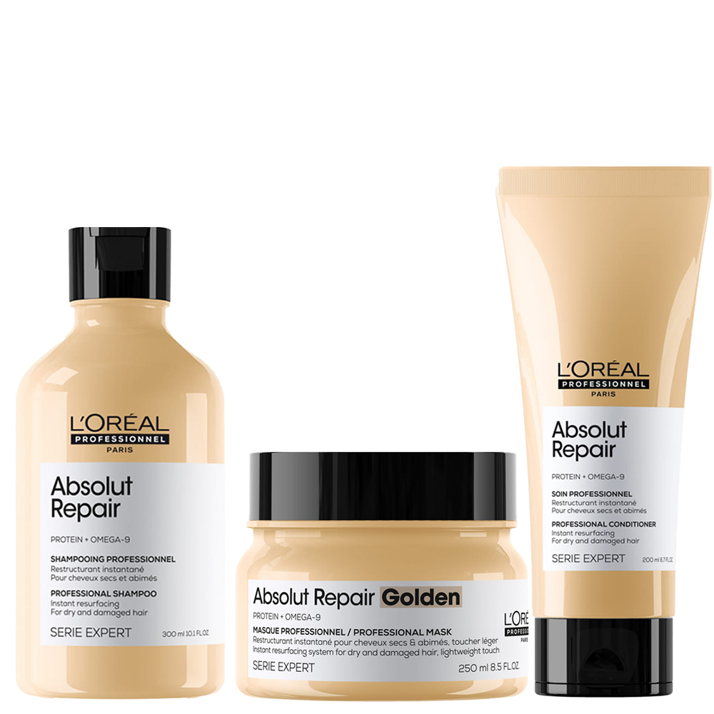 L'Oréal Professionnel Absolut Repair Gold odbudowujący zestaw do włosów zniszczonych | szampon 300ml, odżywka 200ml, złota maska 250ml